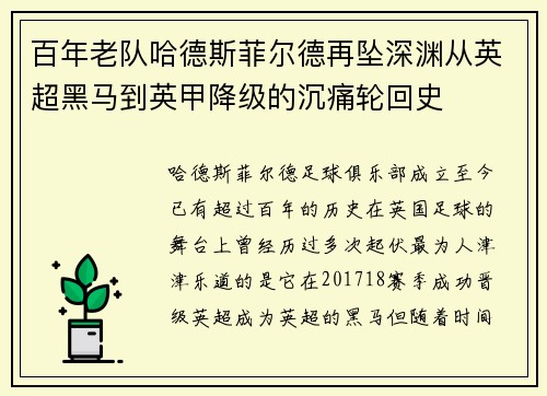 百年老队哈德斯菲尔德再坠深渊从英超黑马到英甲降级的沉痛轮回史 百年老队哈德斯菲尔德再坠深渊从英超黑马到英甲降级的沉痛轮回史